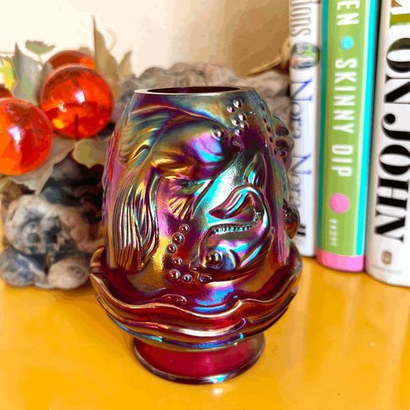 Vinage Fenton Atlantis Koi Fish Red Carnival Glass Signed and Sticker - Picture 2 of 7